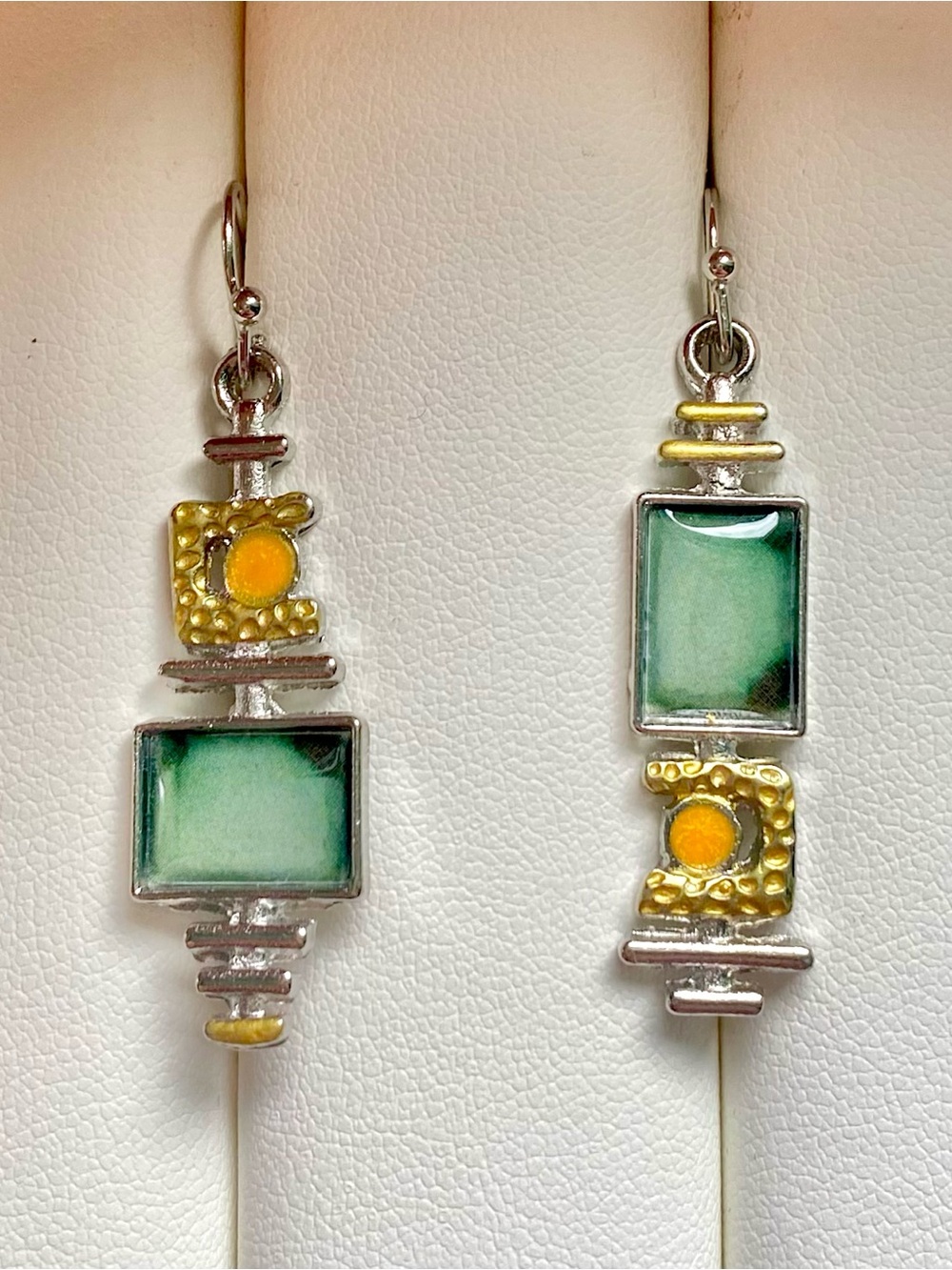 Handcrafted Green and Gold Geometric Drop Earrings